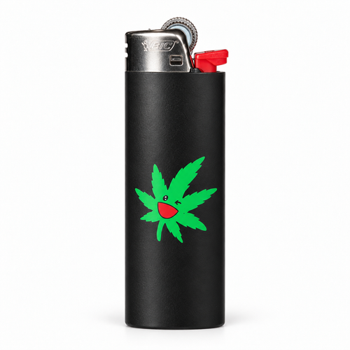 Metro Bloomin BIC lighter with green leaf artwork, upright on a white background