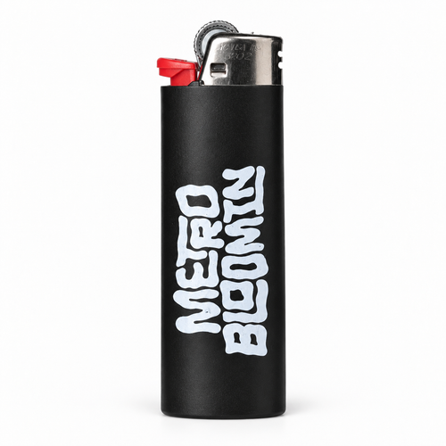 Metro Bloomin BIC lighter with white wordmark, upright on a white background