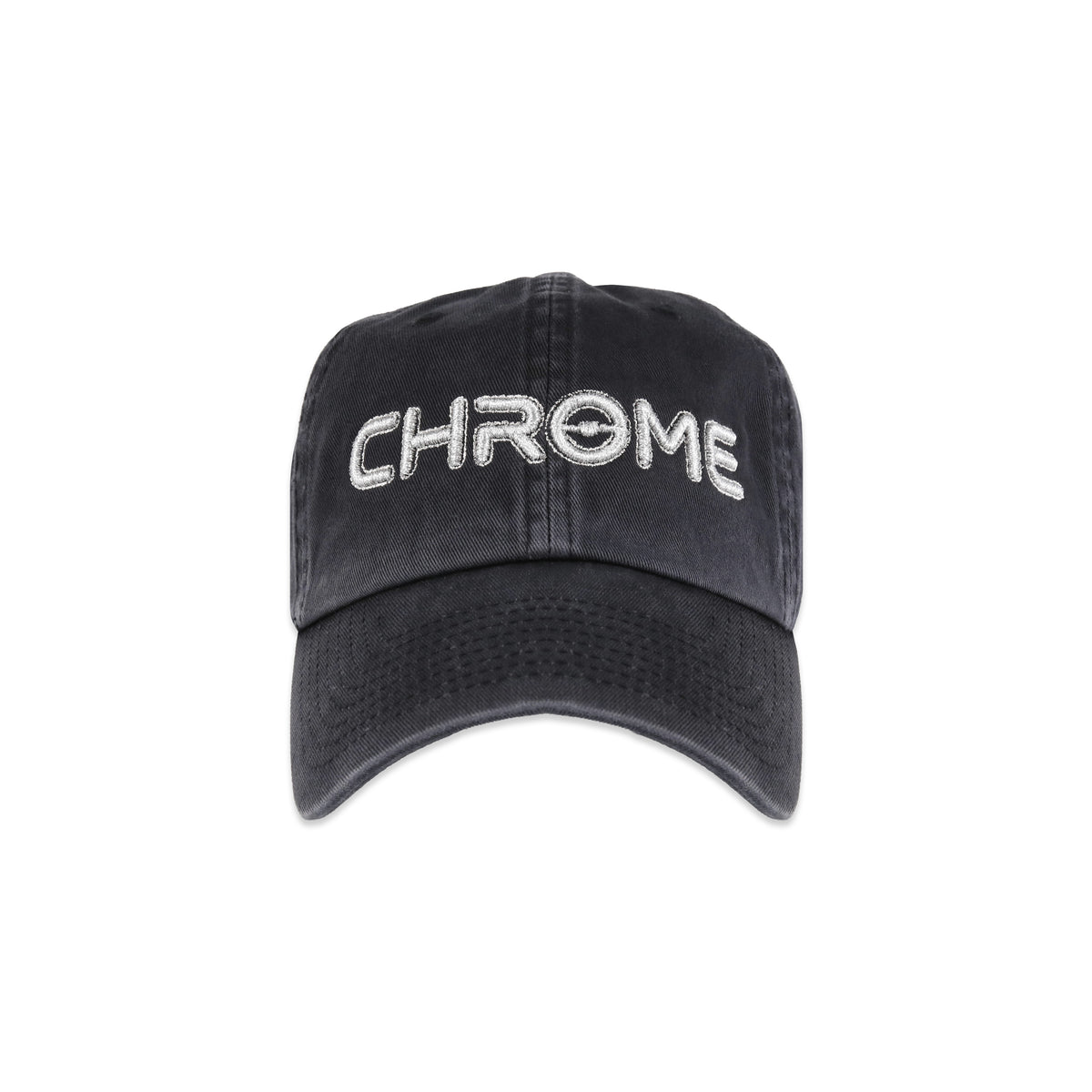 Front view of washed grey Metro Bloomin Chrome hat with silver CHROME embroidery.