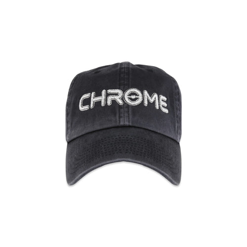 Front view of washed grey Metro Bloomin Chrome hat with silver CHROME embroidery.